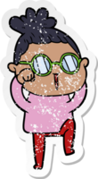 distressed sticker of a cartoon woman wearing spectacles png