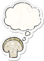 cartoon mushroom slice with thought bubble as a distressed worn sticker png