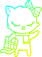 cold gradient line drawing of a cute cartoon cat with present png