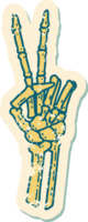 iconic distressed sticker tattoo style image of a skeleton giving a peace sign png