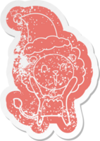 laughing lion quirky cartoon distressed sticker of a wearing santa hat png