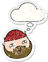 cartoon male face with beard with thought bubble as a distressed worn sticker png