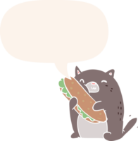 cartoon cat loving the amazing sandwich he's just made for lunch with speech bubble in retro style png