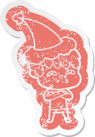 quirky cartoon distressed sticker of a curious man wearing santa hat png