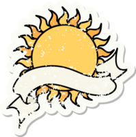 worn old sticker with banner of a sun png