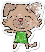 distressed sticker of a cartoon dog in dress pointing png