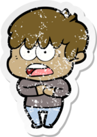 distressed sticker of a worried cartoon boy png