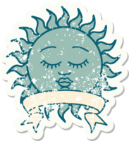 worn old sticker with banner of a sun with face png