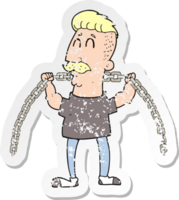 retro distressed sticker of a cartoon man lifting chain png