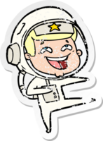 distressed sticker of a cartoon laughing astronaut png