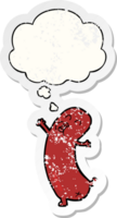 cartoon dancing sausage with thought bubble as a distressed worn sticker png