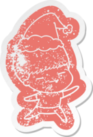 quirky cartoon distressed sticker of a smug boy wearing santa hat png