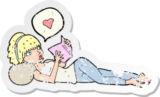 retro distressed sticker of a cartoon woman loving her book png