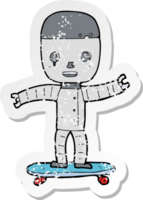 retro distressed sticker of a cartoon robot on skateboard png