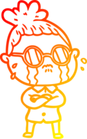 warm gradient line drawing of a cartoon crying woman wearing spectacles png