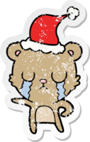 crying hand drawn distressed sticker cartoon of a bear wearing santa hat png