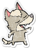 distressed sticker of a cartoon wolf laughing png