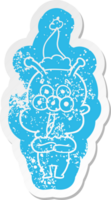 happy quirky cartoon distressed sticker of a alien wearing santa hat png