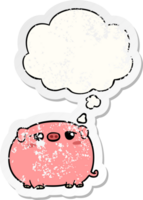 cute cartoon pig with thought bubble as a distressed worn sticker png