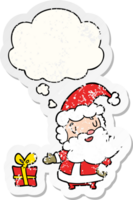 cartoon santa claus with thought bubble as a distressed worn sticker png