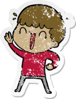 distressed sticker of a laughing cartoon man waving png