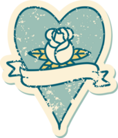imagem icônica do estilo de tatuagem de adesivo angustiado de uma rosa de coração e banner png