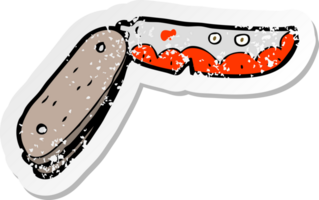 pegatina retro angustiada de un cuchillo plegable ensangrentado de dibujos animados png