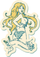 Distressed Sticker Tattoo im traditionellen Stil eines Pinup-Wikingermädchens mit Banner png