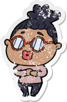 distressed sticker of a cartoon woman wearing spectacles png