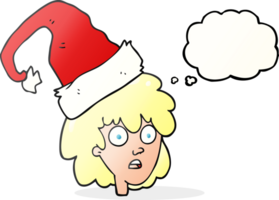 hand drawn thought bubble cartoon woman wearning santa hat png