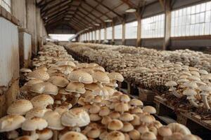 Farm for growing mushrooms from mushroom spores. Mushroom farm with long shelves filled with mushrooms. Agriculture photo