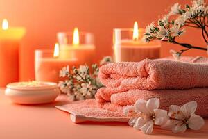 A stack of peach-colored towels with scented candles and sakura flowers for relaxation and beauty. The concept of a spa, sanatorium or resort. Aromatherapy, massage photo