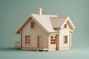 model of a wooden house made of wood and eco-friendly materials. Building a house, architecture, construction and real estate. Cabin model isolated on light green background photo