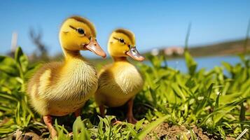 two little yellow goslings stand among green grass in a meadow on a sunny day with a clear blue sky. Farmer, livestock and natural food concept photo