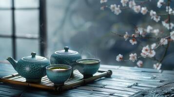 Tea ceremony with a drink made from butterfly pea flower or blue matcha powder. Wooden bamboo tray with cups and a teapot with tea leaves. Thai tea photo