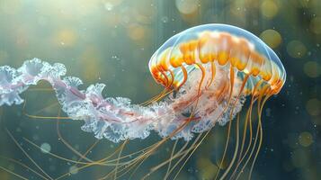 A dangerous jellyfish with an orange body and long tentacles that sting swims underwater. underwater life photo