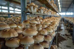 modern mushroom farm, greenhouse with rows and shelves of fresh mushrooms growing on mushroom spores photo