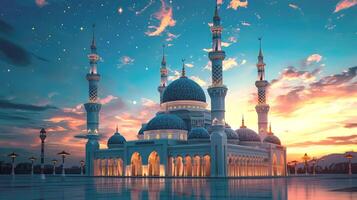 cuadrado con un hermosa edificio de un islámico musulmán mezquita detrás cuatro minaretes, un creciente Luna en el noche crepúsculo debajo el estrellas, namaz durante ramadán, eid al-adha foto