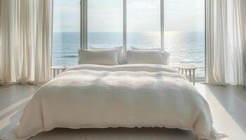 Minimalist bright bedroom large bed, linen bedding, curtains, panoramic window overlooking the blue sea. Daylight, tranquil atmosphere for relaxation photo