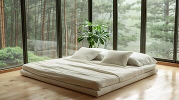 minimalista brillante dormitorio grande cama, lino lecho, panorámico ventana con vista a verde bosque. luz, tranquilo atmósfera para relajación foto