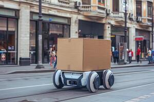 Fast delivery of goods and products. A delivery robot works, drives around the city delivering packages in a cardboard box. Advertising for post offices, delivery services, e-commerce photo
