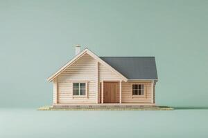 A miniature wooden house crafted from eco-friendly materials, symbolizing construction, architecture, and real estate. Cabin model isolated on light green backdrop. photo