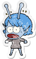 distressed sticker of a cartoon shocked alien girl png