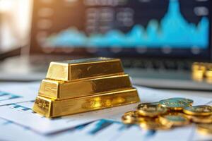 stack of shiny gold bars on an office desk with a monitor showing graphs and histograms, financial gold price chart, economics, finance and trading concept photo