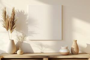 rectangular vertical marco Bosquejo en escandinavo minimalista estilo interior con marrón y beige flores y decorativo floreros en vacío neutral beige pared antecedentes con estante foto