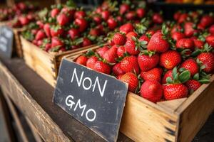 cajas de jugoso Fresco fresas en cajas son vendido a el agricultores mercado. en el de madera caja es el texto No gmo. Respetuoso del medio ambiente producto foto