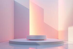 redondo elegante podio con Encendiendo en un pastel rosado pared antecedentes luz y oscuridad foto