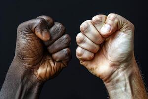 dos manos de personas de diferente nacionalidades elevado arriba con puños simbolizar libertad y igual derechos. emancipación y libertad día es celebrado en junio 19 foto