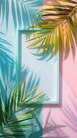 Trendy vertical wooden frame surrounded by summer floral pattern, colorful pastel colors, palm shaped leaves. Summer colors of botanical tropical leaves, sunlight and shadows, pink, blue colors photo