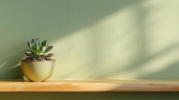 casa planta en un maceta, suculento o cactus en un de madera estante, mesa. luz, con un sombra desde un ventana en el muro, neutral verde color. Copiar espacio, Bosquejo foto